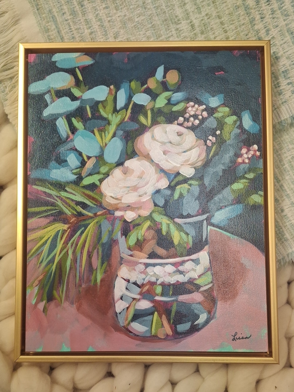 Framed Pink Floral Vase Painting with Gold Frame - Hand-painted By Lisa Bradshaw